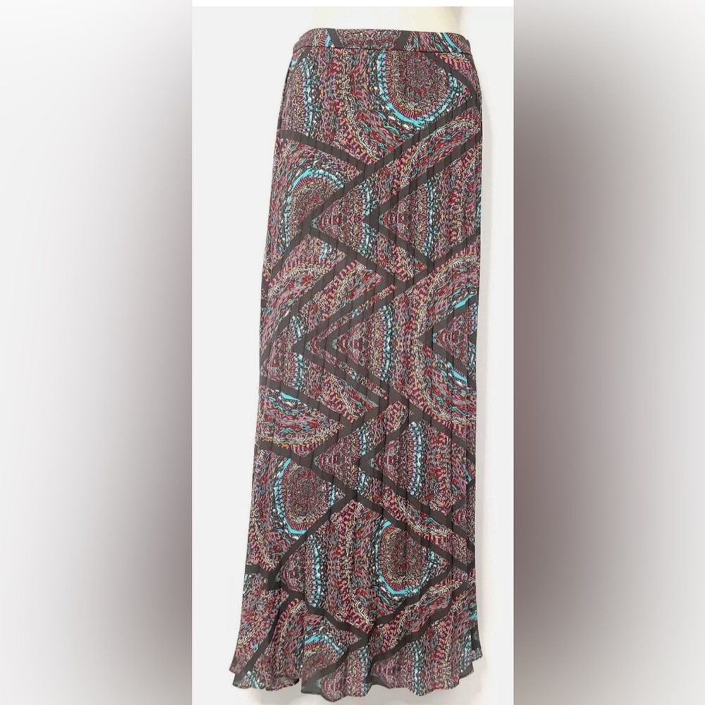 Lucy & Laurel Womens Maxi Skirt Small Gray Pink Pleated Lined Boho Casual